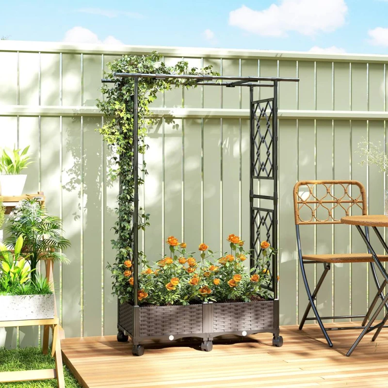 Image of OUTSUNNY Raised Garden Bed with Arch Trellis, Plastic Raised Bed for Garden in Black Unisex