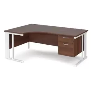 Image of Office Desk Left Hand Corner Desk 1800mm With Pedestal Walnut Top With White Frame 1200mm Depth Maestro 25 MCM18ELP2WHW