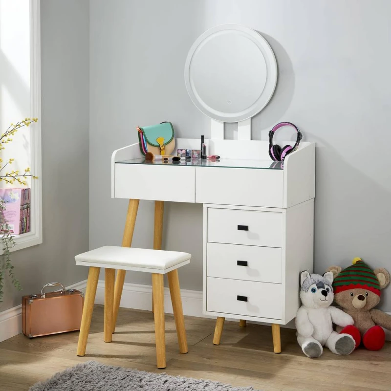 Image of Home Source Dressing Table Vanity Desk Integrated Lighting Mirror Cushioned Stool in White White Unisex