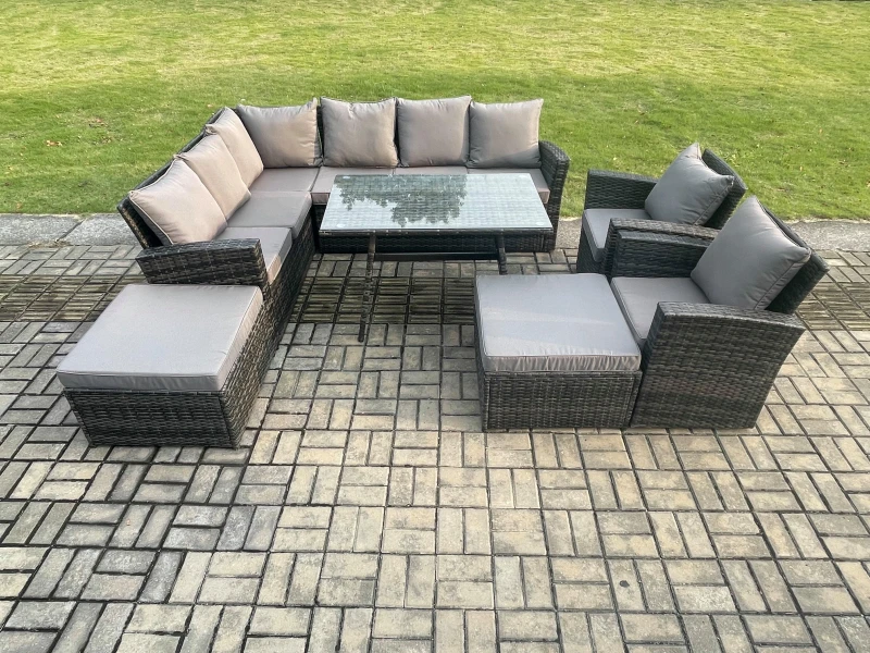 Image of Fimous High Back Outdoor Garden Furniture Set Rattan Corner Sofa Dining Table Set With 2 Big Footstool in Dark Grey Dark Grey Unisex