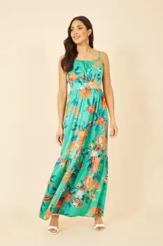 Image of Green Satin Floral Strappy Maxi Dress