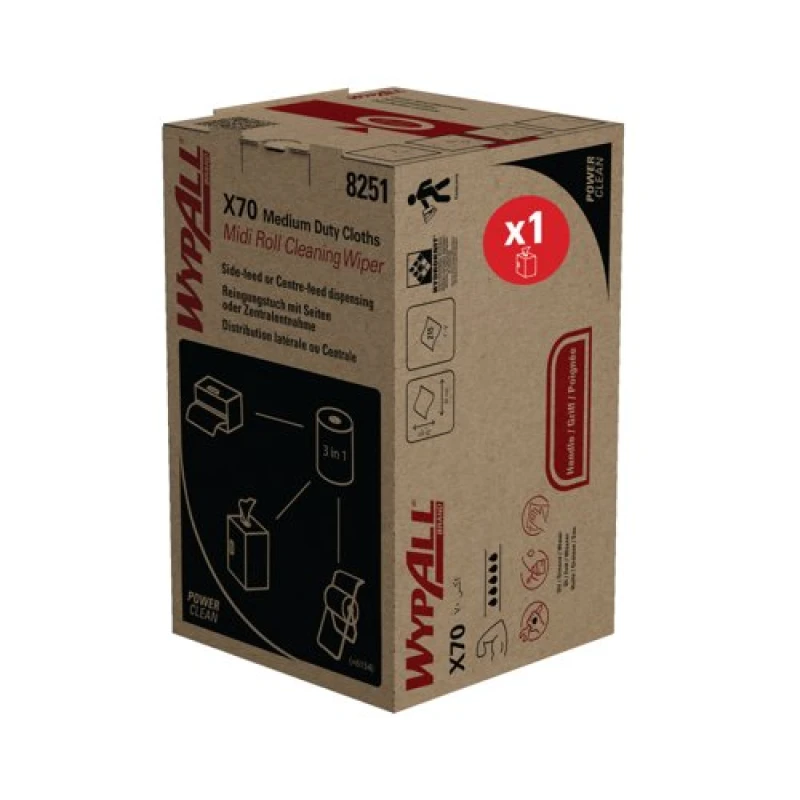 Image of Wypall X70 Power Clean Midi Roll Wiper 66.5m 1-Ply Blue 8251