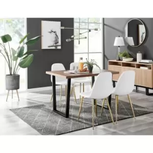 Image of Kylo Brown Wood Effect Dining Table & 4 White Corona Faux Leather Dining Chairs with Gold Legs Diamond Stitch - White