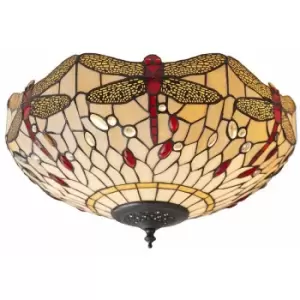 Image of Loops - Tiffany Glass Semi Flush Ceiling Light Dragonfly Round Inverted Shade i00043