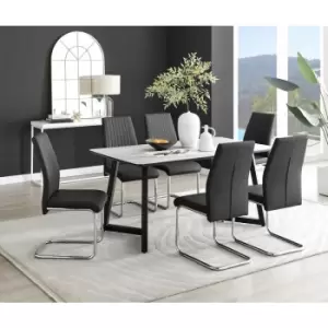 Image of Furniturebox UK - Furniturebox Carson White Marble Effect Rectangular 160cm Dining Table & 6 Black Lorenzo Faux Leather Chairs