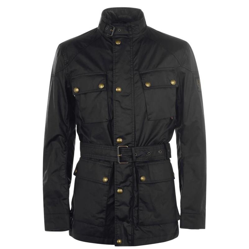 Image of Belstaff Mens Trialmaster Water and Wind Resistant Waxed Cotton Long Sleeve Wax Jacket Black male M (48)