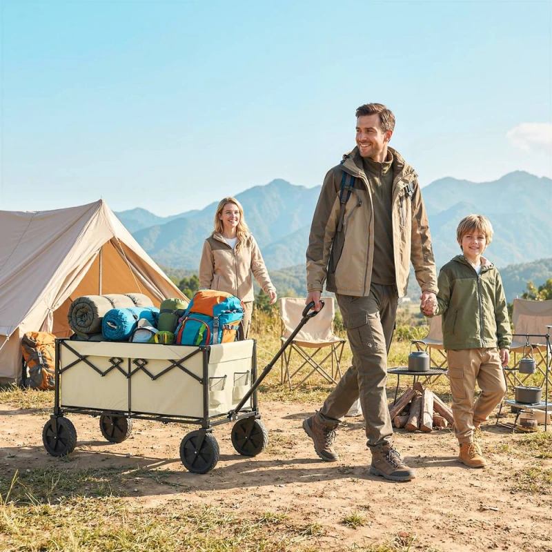 Image of OUTSUNNY 95L Foldable Festival Trolley on Wheels in Beige Beige Unisex