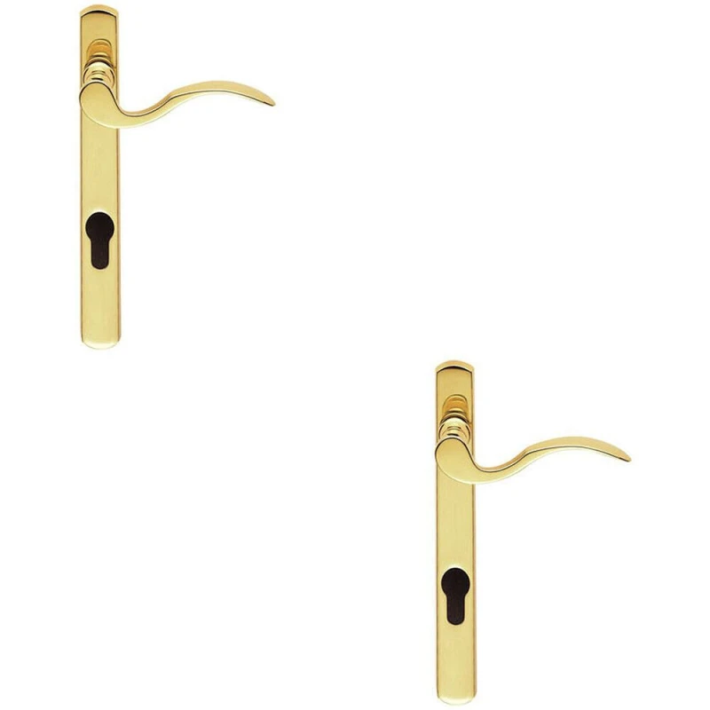 Image of Loops 2x Scroll Lever Door Handle on Lock Backplate Polished Brass 208mm X 25mm Metallics unisex