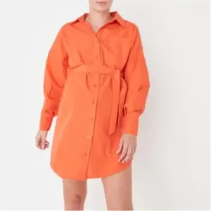 Image of Missguided Tie Waist Shirt Dress - Orange
