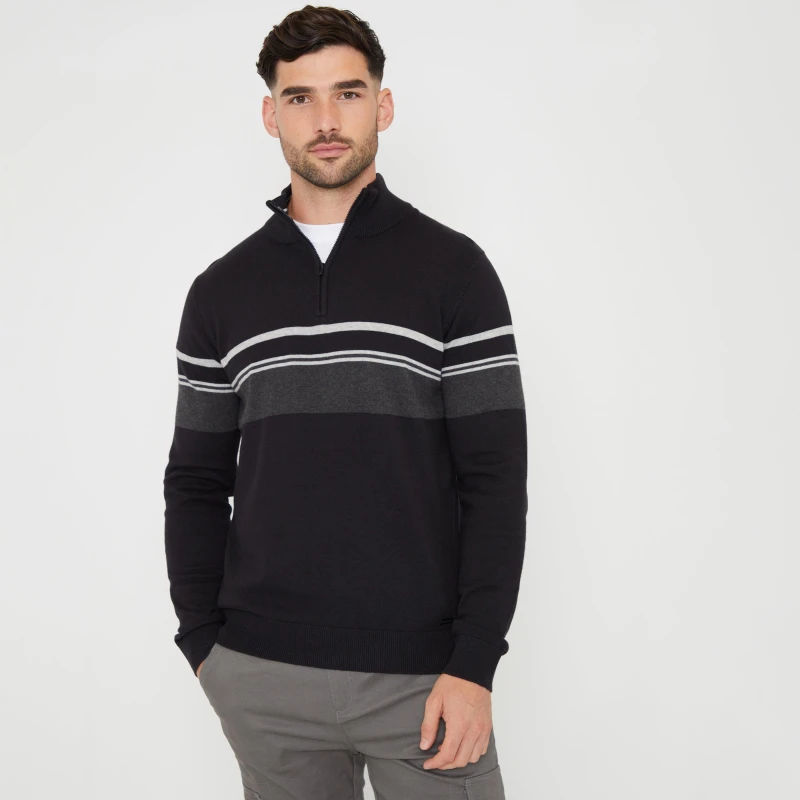 Image of Threadbare 'Bradford' Colourblock Quarter Zip Knitted Jumper Black