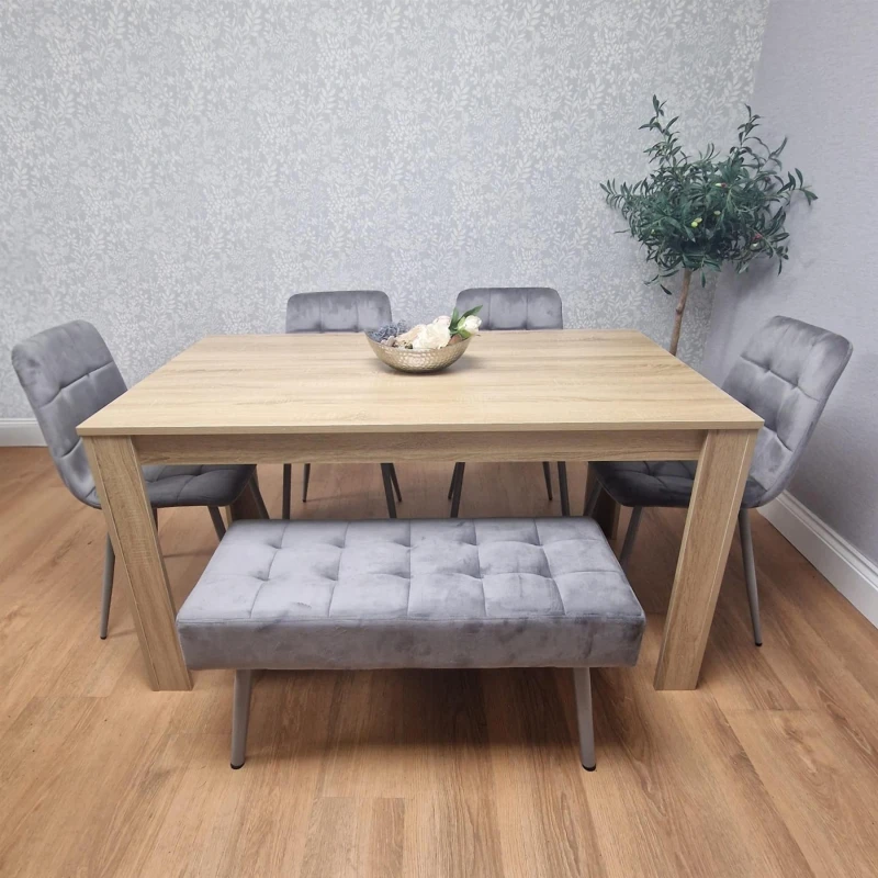 Image of KOSY KOALA KOSY KOALA Dining Table and 4 Chairs With Bench Oak Effect Wood Table 4 Grey Velvet Chairs Dining Room in Beige Beige One Size Unisex 50610