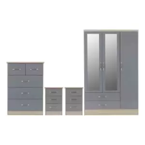 Image of Seconique Nevada 3 Door 2 Drawer Wardrobe Bedroom Set - Grey Gloss/Light Oak Effect Veneer