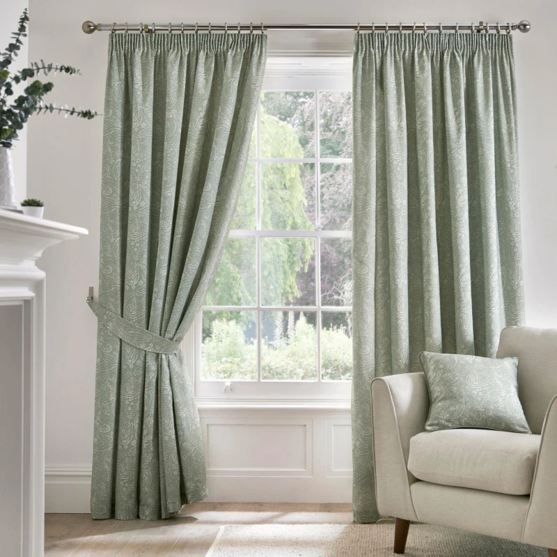 Image of Dreams and Drapes Jacobean Motif Curtains With Tie-Backs - Green Green 9