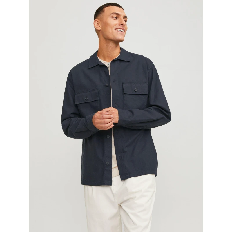 Image of Jack and Jones Venice Linen Blend Long Sleeve Overshirt - Black S