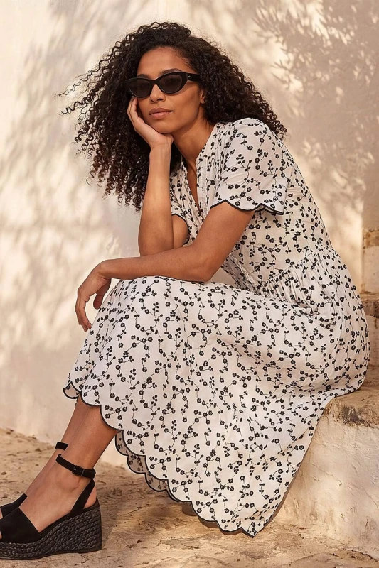 Image of Roman Womens Floral Embroidered Button Midi Dress in White Size: 20 White Female 20