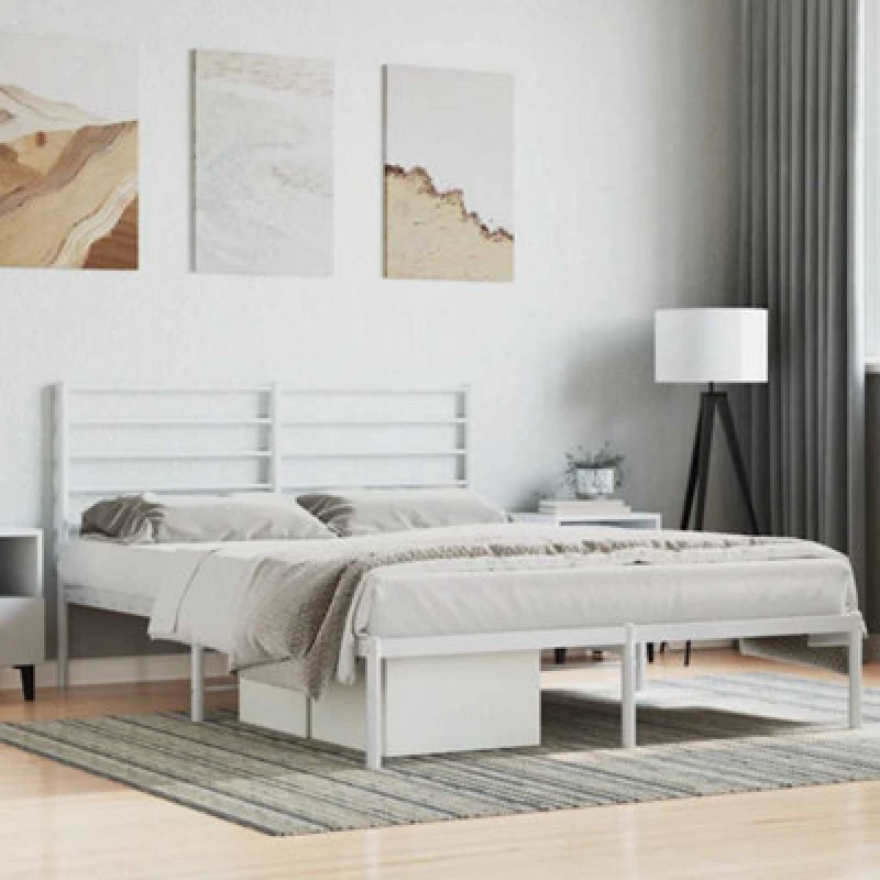 Image of Vidaxl Metal Bed Frame Without Mattress With Headboard White 120X190Cm