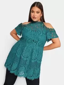 Image of Yours Lace Cold Shoulder Top, Green, Size 18, Women
