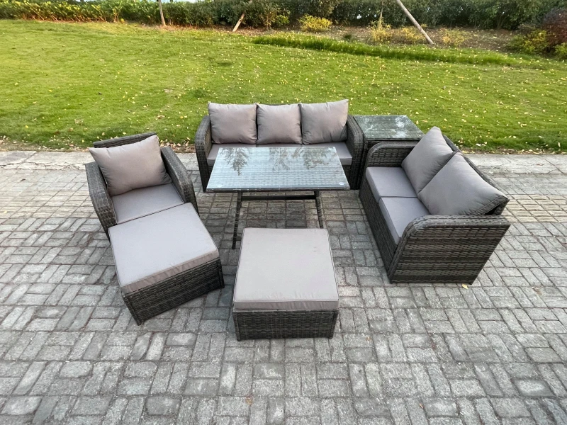 Image of Fimous 7 PCS Outdoor Lounge Sofa Set Wicker PE Rattan Garden Furniture Set with Rectangular Dining Table Armchair 2 Big Footstool Side Table Dark Grey
