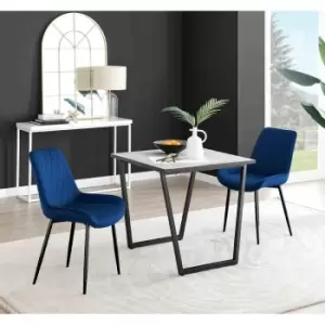 Image of Furniture Box Carson White Marble Effect Square Dining Table and 2 Navy Pesaro Black Leg Chairs