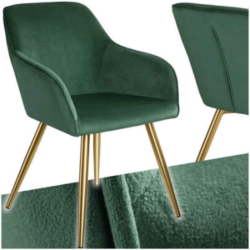 Image of Tectake 1 Chair Marilyn With Velvet Cover, Gold Steel Legs And Plush Padding - Dark Green/gold
