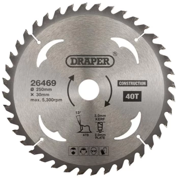 Image of 26469 TCT Construction Circular Saw Blade 250 x 30mm 40T - Draper