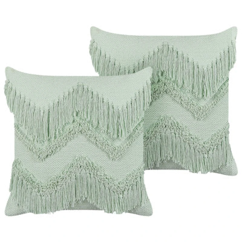 Image of Beliani Set Of 2 Decorative Cushions Bacopa Cotton 45 X 45cm Green Chevron Pattern