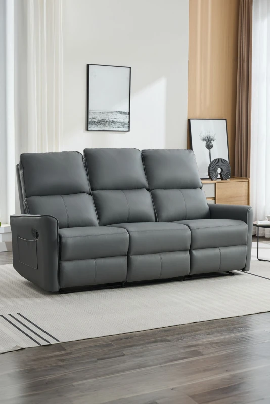 Image of More4Homes Madrid 3 Seater Manual Air Leather Recliner Sofa Grey