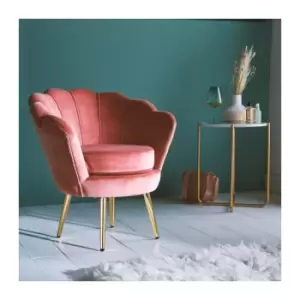 Image of BTFY Pink Velvet Chair - Accent Chair With Petal Scallop Shell Back & Gold Metal Legs - Tub Chair For Bedroom, Dining & Living Room, Dressing Table,