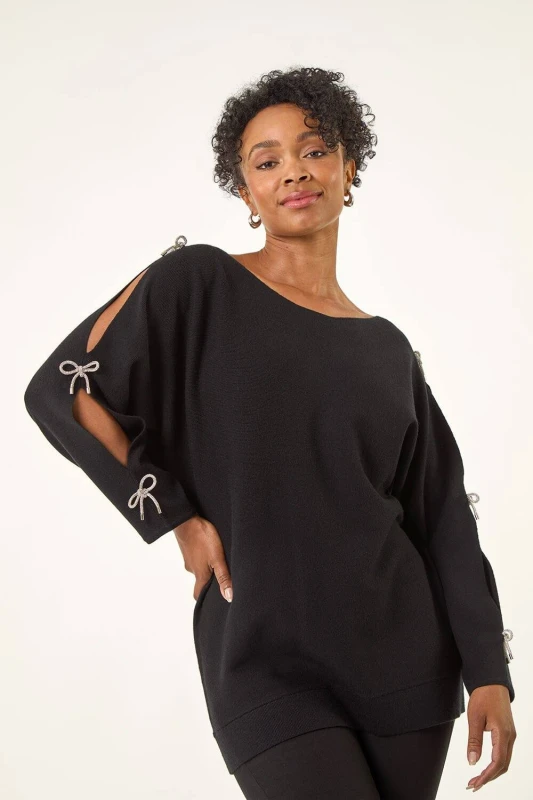 Image of Roman Womens Petite Bow Trim Sleeve Knit Jumper in Black Size: 16 Black Female 16