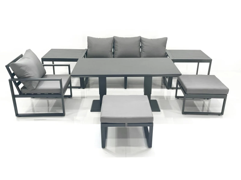 Image of Fimous 6 Seater Garden Sofa Set Aluminium Furniture Rising Dining Tabe Set with Chair 2 Big Footstool 2 Side Tables Dark Grey Dark Grey Unisex