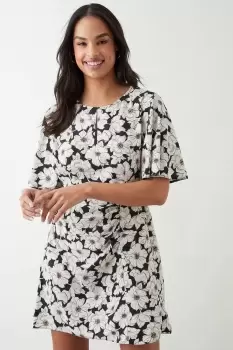 Image of Mono Floral Keyhole Angel Sleeve Mini Dress