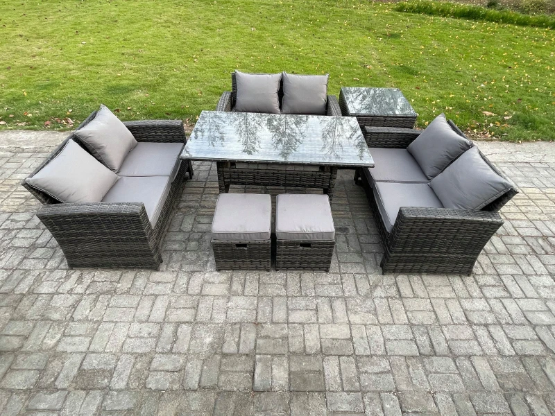 Image of Fimous Wicker PE Rattan Garden Furniture Sets Outdoor Lounge Sofa Set with Oblong Dining Table Double Seat Sofa Side Table in Dark Grey Dark Grey Unis