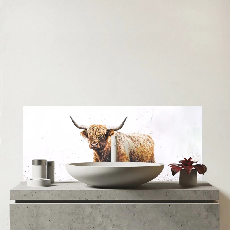 Image of Warren Reed - Designer Highland Cow Watercolour Glass Bathroom Splashback in Brown Brown Unisex