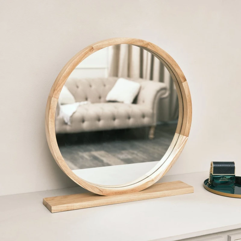 Image of Melody Maison Round Wooden Freestanding Table Top Mirror Brown