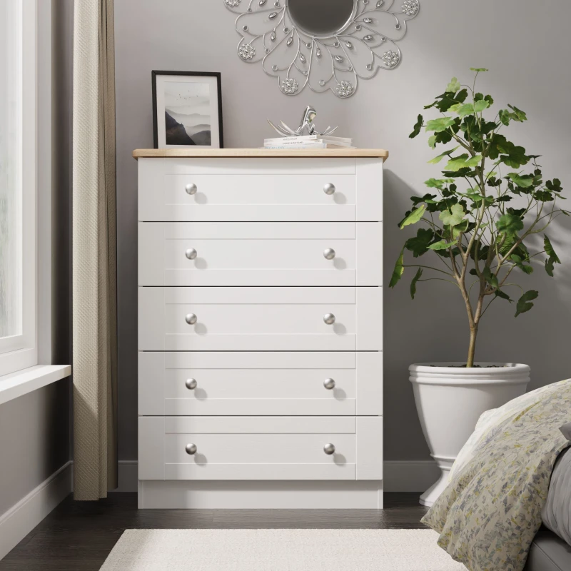 Image of Welcome Furniture Ready Assembled Sussex 5 Drawer Chest In White Ash & Bardolino Oak, White SUS012WABO