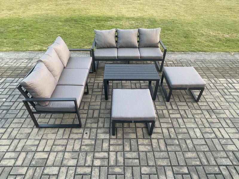 Image of Fimous Aluminium Patio Outdoor Garden Furniture Lounge Sofa Set with Oblong Coffee Table 2 Big Footstools Dark Grey Dark Grey Unisex