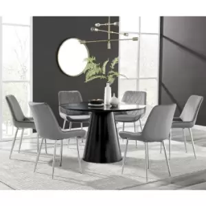 Image of Furniturebox Palma Black Semi Gloss 120cm Round Minimalist Dining Table & 6 Grey Pesaro Silver Chairs