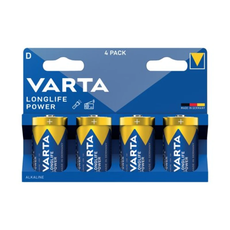Image of Varta Longlife Power D Alkaline Battery 1.5V Pack of 4 4920121424 VAR12889
