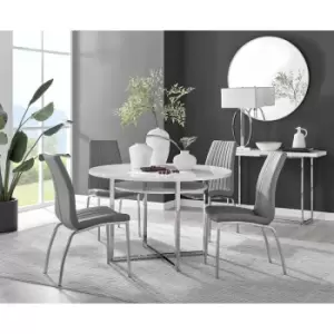 Image of Furniturebox Adley White High Gloss 120cm Storage Dining Table & 4 Grey Isco Silver Leg Faux Leather Chairs