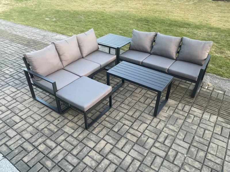 Image of Fimous Aluminium 5 Pieces Outdoor Garden Furniture Lounge Sofa Set with Oblong Coffee Table Big Footstool Side Table Dark Grey Dark Grey Unisex
