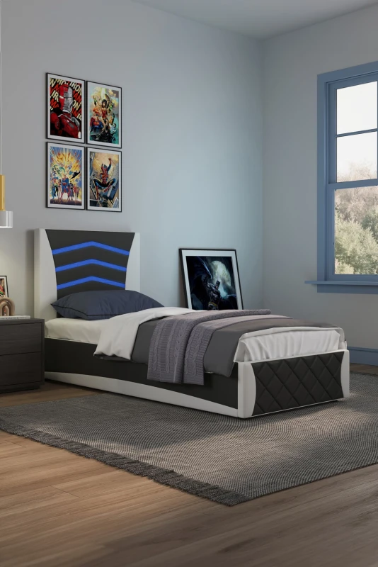 Image of Slumberworx Galaxy Ottoman Storage LED Lights Headboard Gaming Faux Leather Single Bed Frame - Black And White, Black 5055744836113