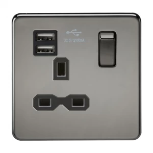 Image of KnightsBridge 13A 1G Screwless Black Nickel 1G Switched Socket with Dual 5V USB Charger Ports - White Insert