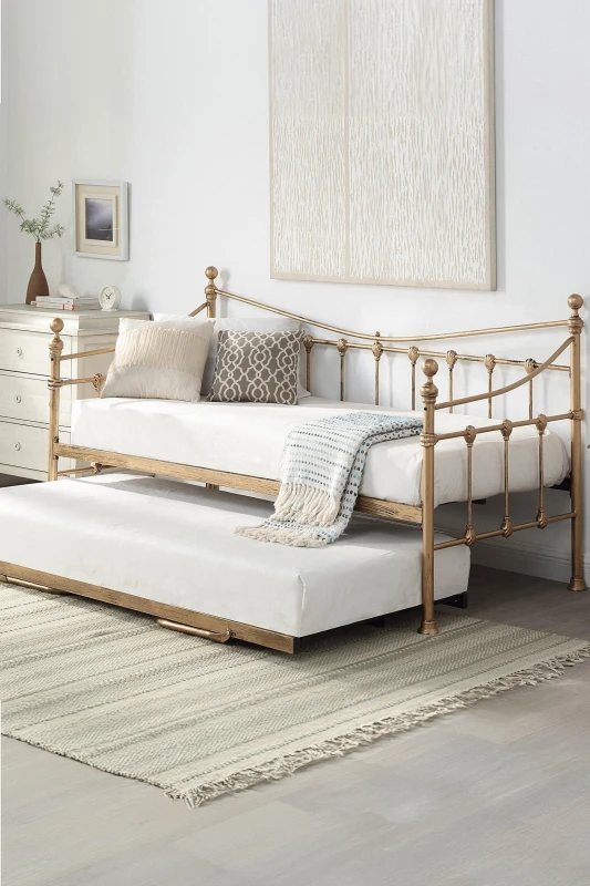 Image of SlumberWorx Newnham Classic Victorian Style Living Room Bedroom Metal Day Bed Frame w Trundle Bronze