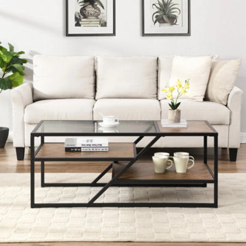 Image of Cascade Glass Top Coffee Table With Shelves