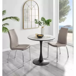 Image of Furniture Box Elina White Marble Effect Round Dining Table and 2 Cappuccino Isco Chairs