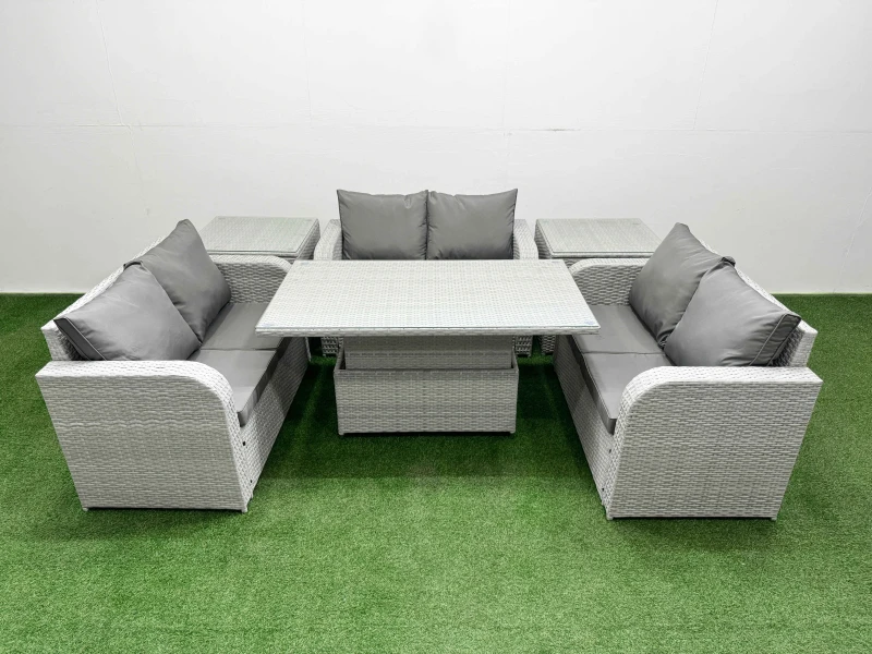 Image of Fimous 6 Seater PE Wicker Rattan Furniture Sofa Sets with Adjustable Lifting Dining or Coffee Table 2 Seater Love Sofa 2 Side Table Light Grey Light G