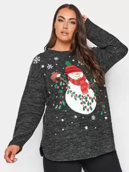 Image of Yours Yours Christmas Snowman Foil Jumper, Grey, Size 18, Women