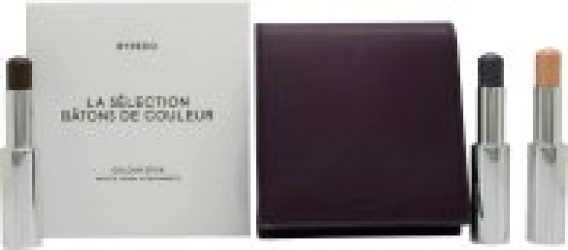 Image of Byredo Plum Set Of 3 + Leather Pouch: Solar Flare, Flower Play, Kumato Face Stic