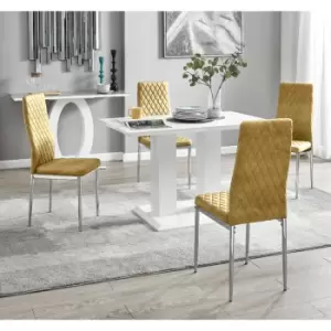 Image of Furniturebox Imperia 4 High Gloss White Modern Dining Table and 4 Mustard Milan Faux Leather Dining Chairs With Silver Legs Diamond Stitch Modern