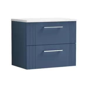 Image of Deco Satin Blue 600mm Wall Hung 2 Drawer Vanity Unit with Sparkling White Laminate Worktop - DPF393LSW - Satin Blue - Nuie
